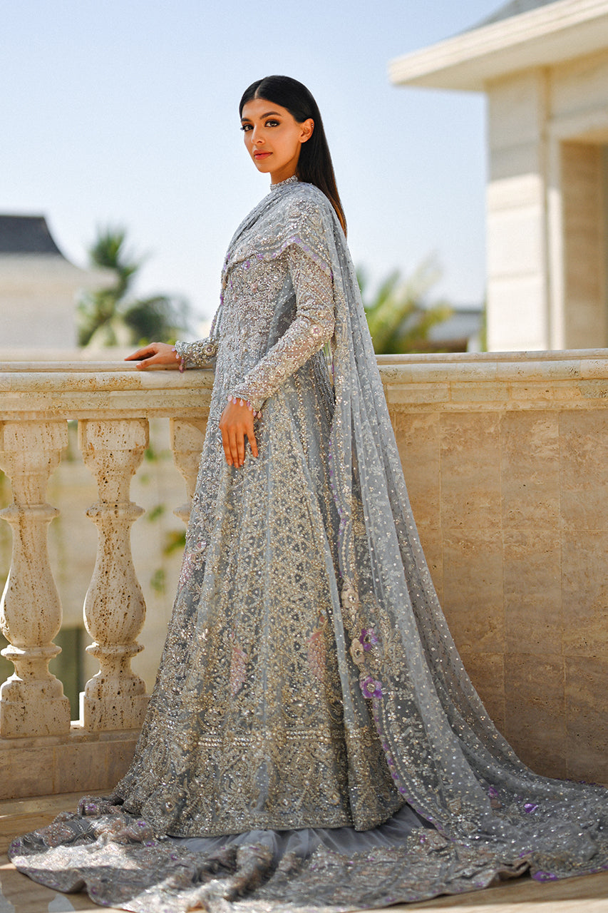Pakistani Silver Mist Embroidered Tulle & Brocade Pishwas (3-Piece) - Image 4