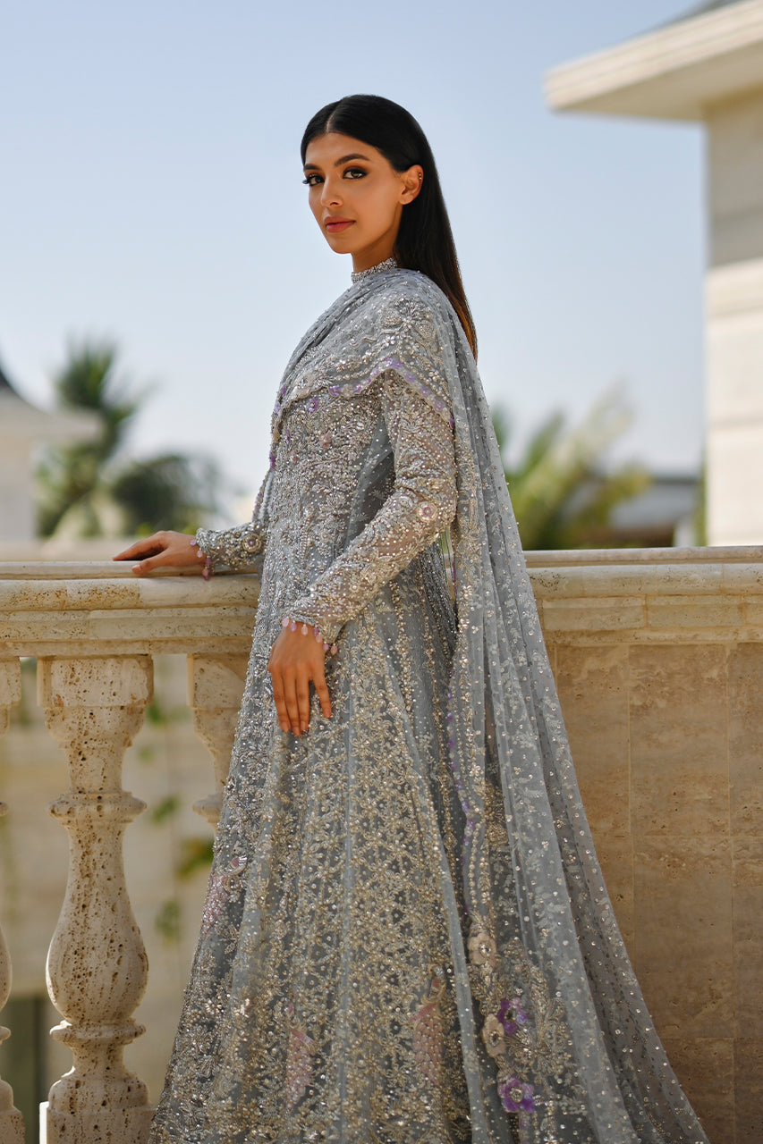 Pakistani Silver Mist Embroidered Tulle & Brocade Pishwas (3-Piece) - Image 5
