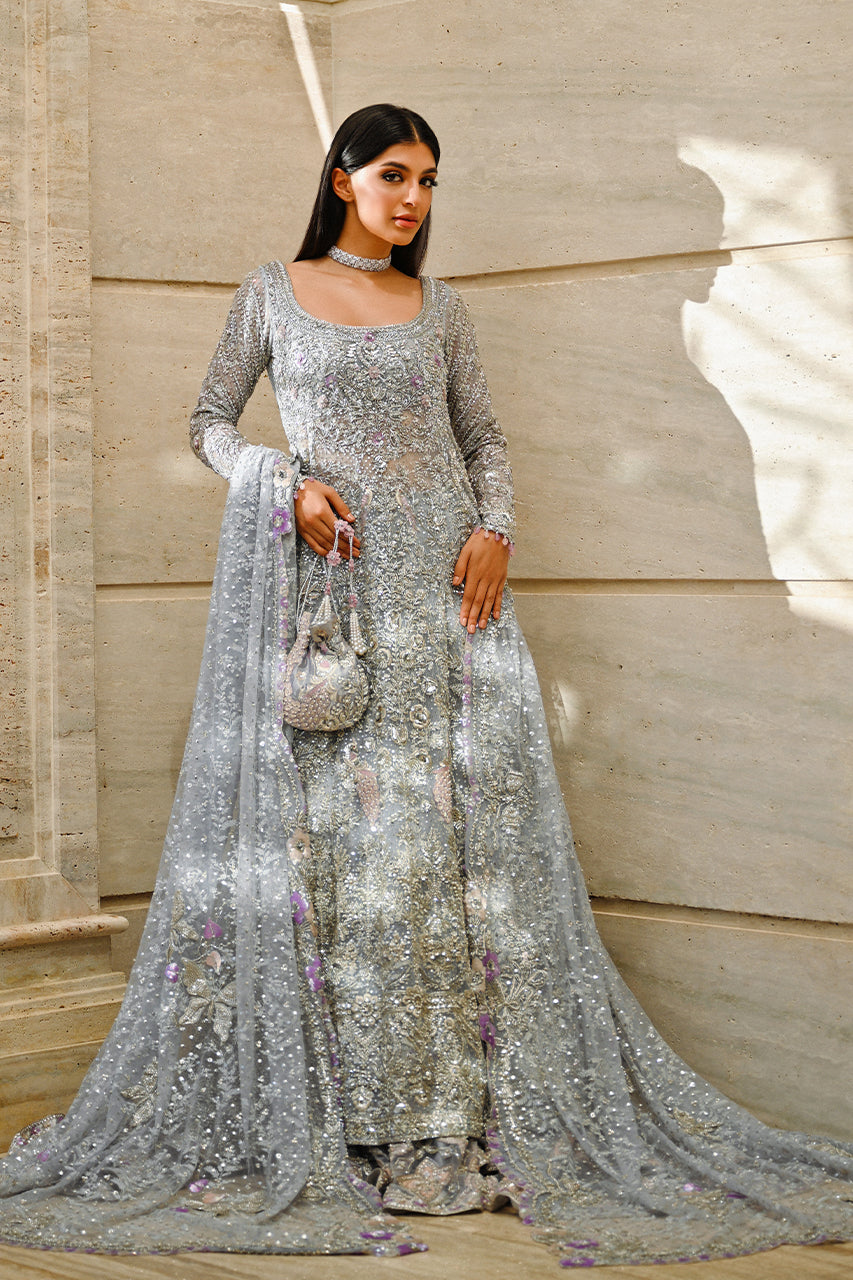 Pakistani Silver Mist Embroidered Tulle & Brocade Pishwas (3-Piece) - Image 6