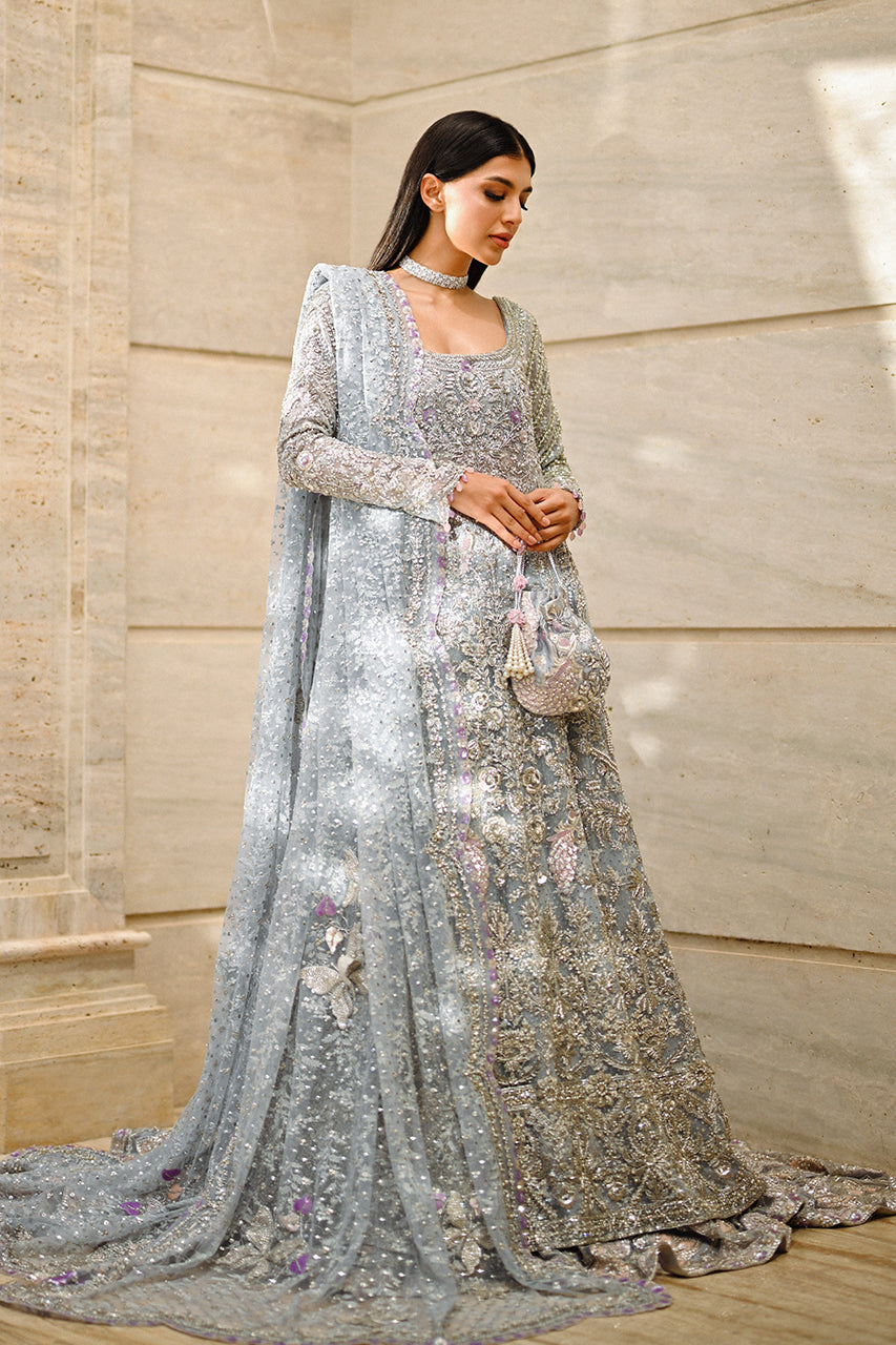 Pakistani Silver Mist Embroidered Tulle & Brocade Pishwas (3-Piece) - Image 7
