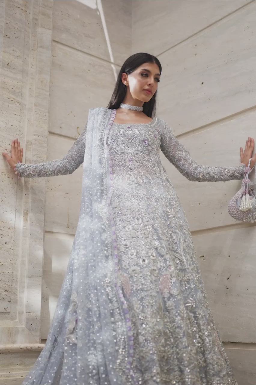 Pakistani Silver Mist Embroidered Tulle & Brocade Pishwas (3-Piece) - Image 8