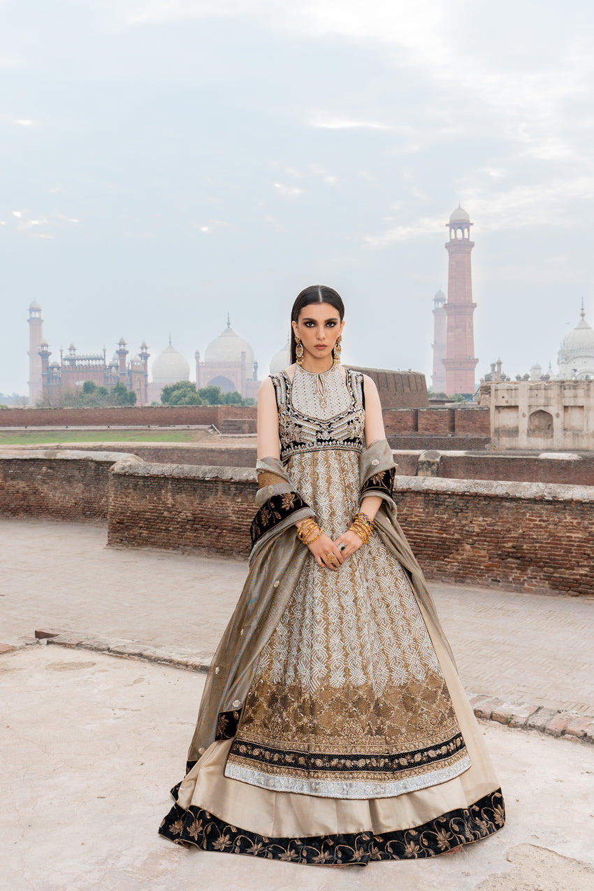 Silver Black Gold Embroidered Velvet Tissue Pishwas (2-Piece) - Image 4