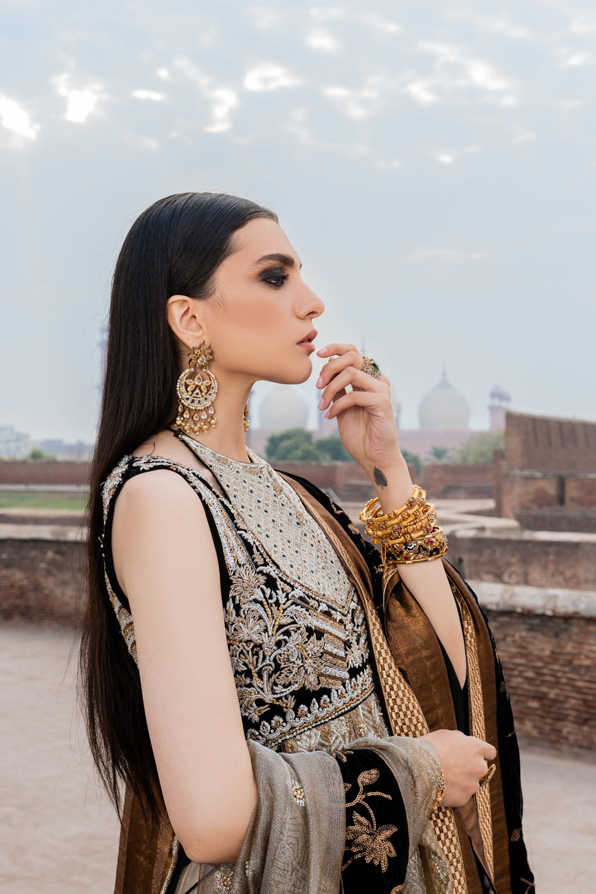 Silver Black Gold Embroidered Velvet Tissue Pishwas (2-Piece) - Image 5