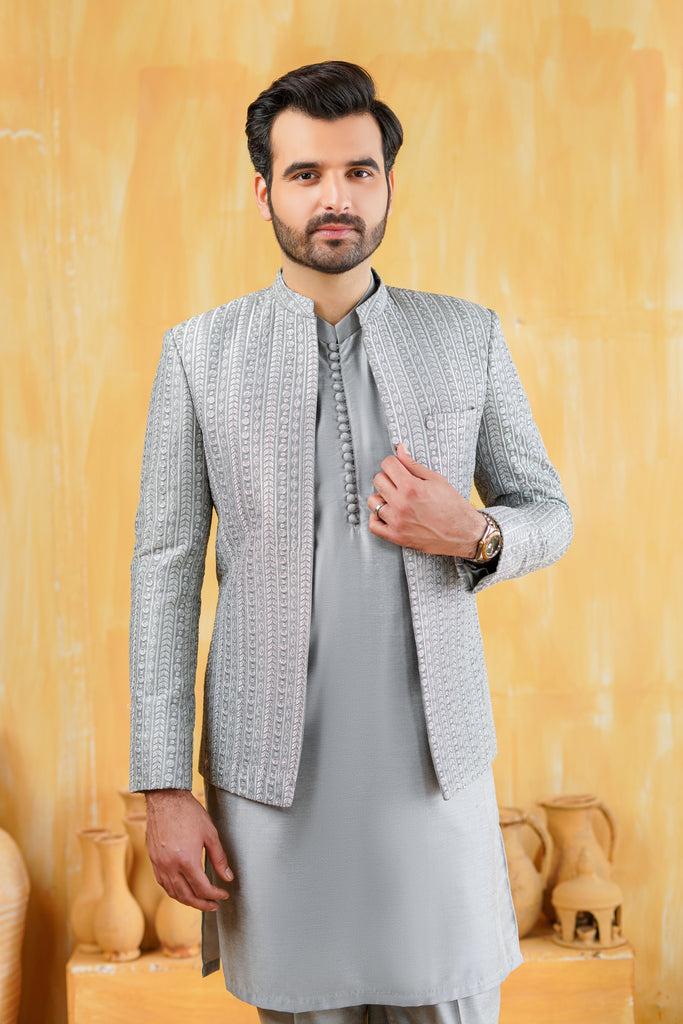 Silver Grey Self-Embossed Cotton-Silk Prince Coat (3-Piece) - Image 1
