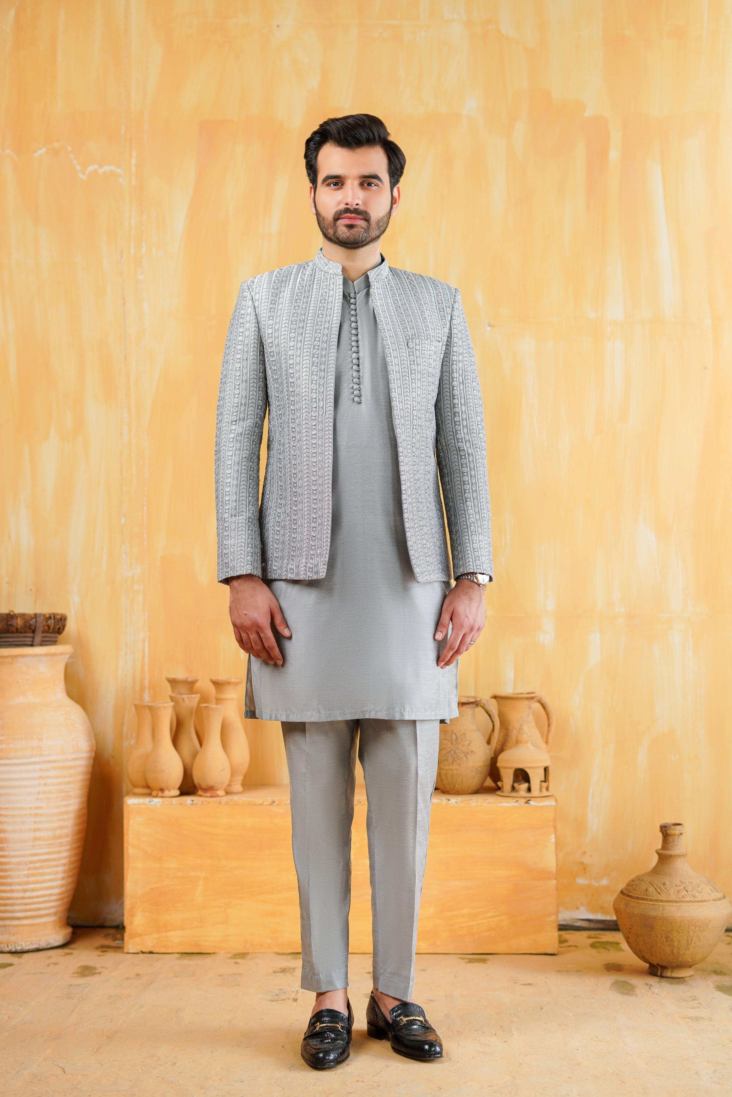 Silver Grey Self-Embossed Cotton-Silk Prince Coat (3-Piece) - Image 3