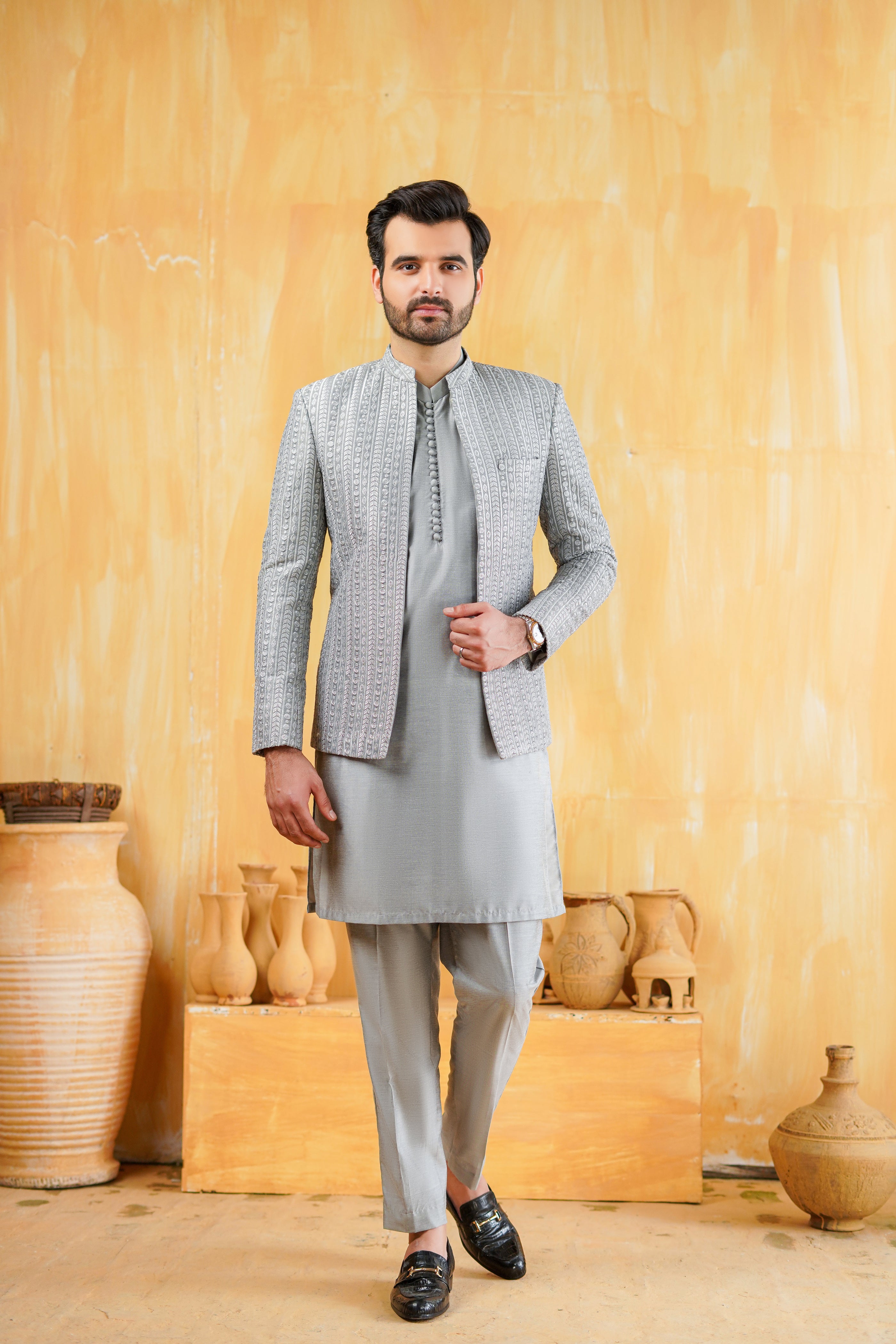 Silver Grey Self-Embossed Cotton-Silk Prince Coat (3-Piece) - Image 4