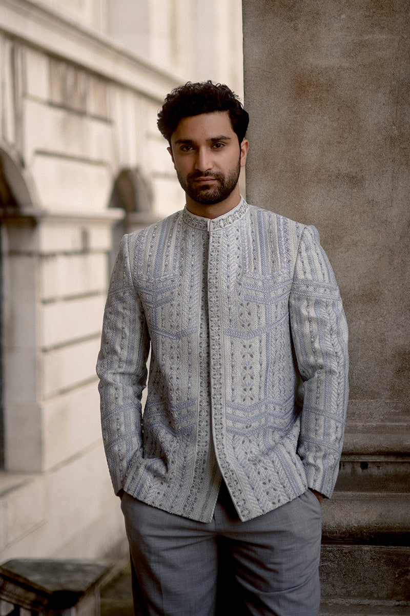 Silver Adda Embroidered Jacquard Prince Coat (2-Piece) - Image 1