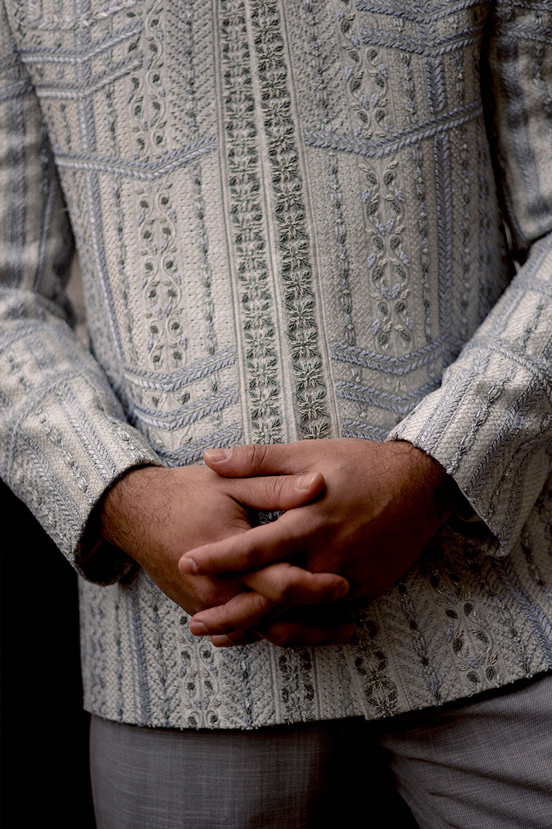 Silver Adda Embroidered Jacquard Prince Coat (2-Piece) - Image 3