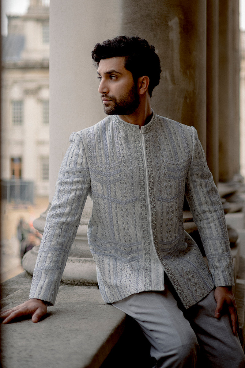 Silver Hand-Embroidered Jacquard Prince Coat (2-Piece) - Image 2