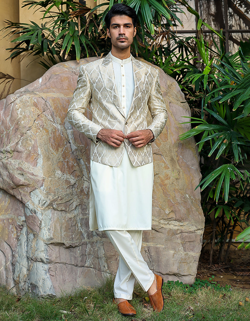 Silver Woven Jamawar Prince Coat (3-Piece) - Image 2