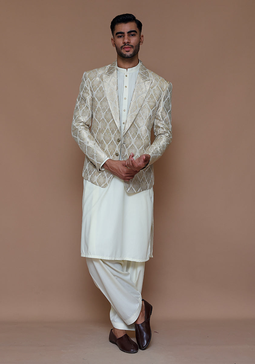 Silver Woven Jamawar Prince Coat (3-Piece) - Image 3