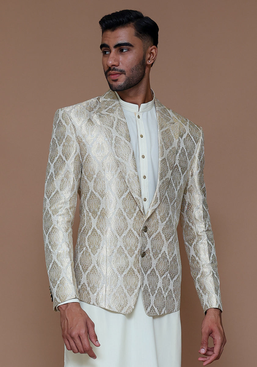 Silver Woven Jamawar Prince Coat (3-Piece) - Image 4