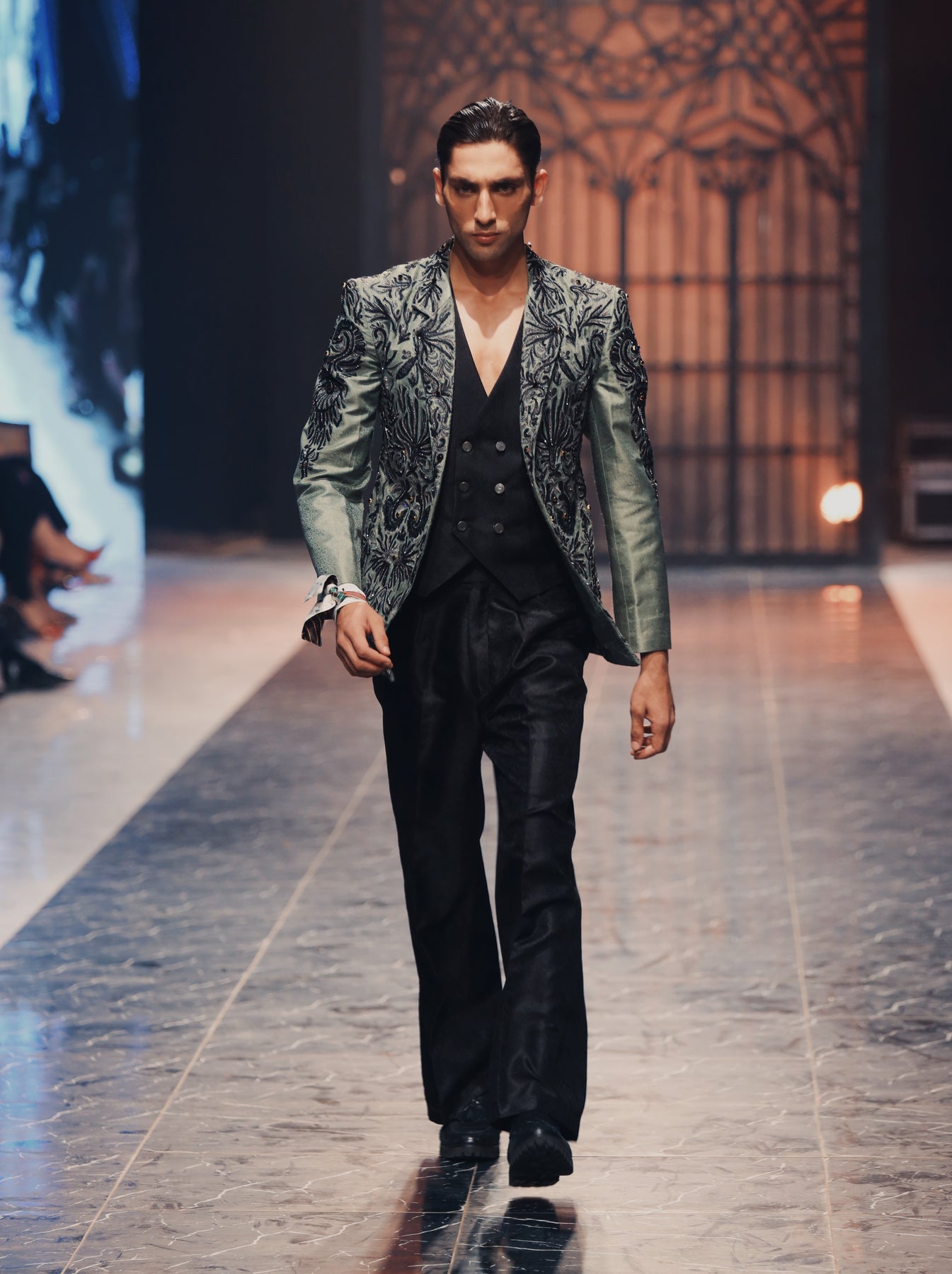 Silver Embroidered Jamawar Prince Coat (3-Piece) - Image 1