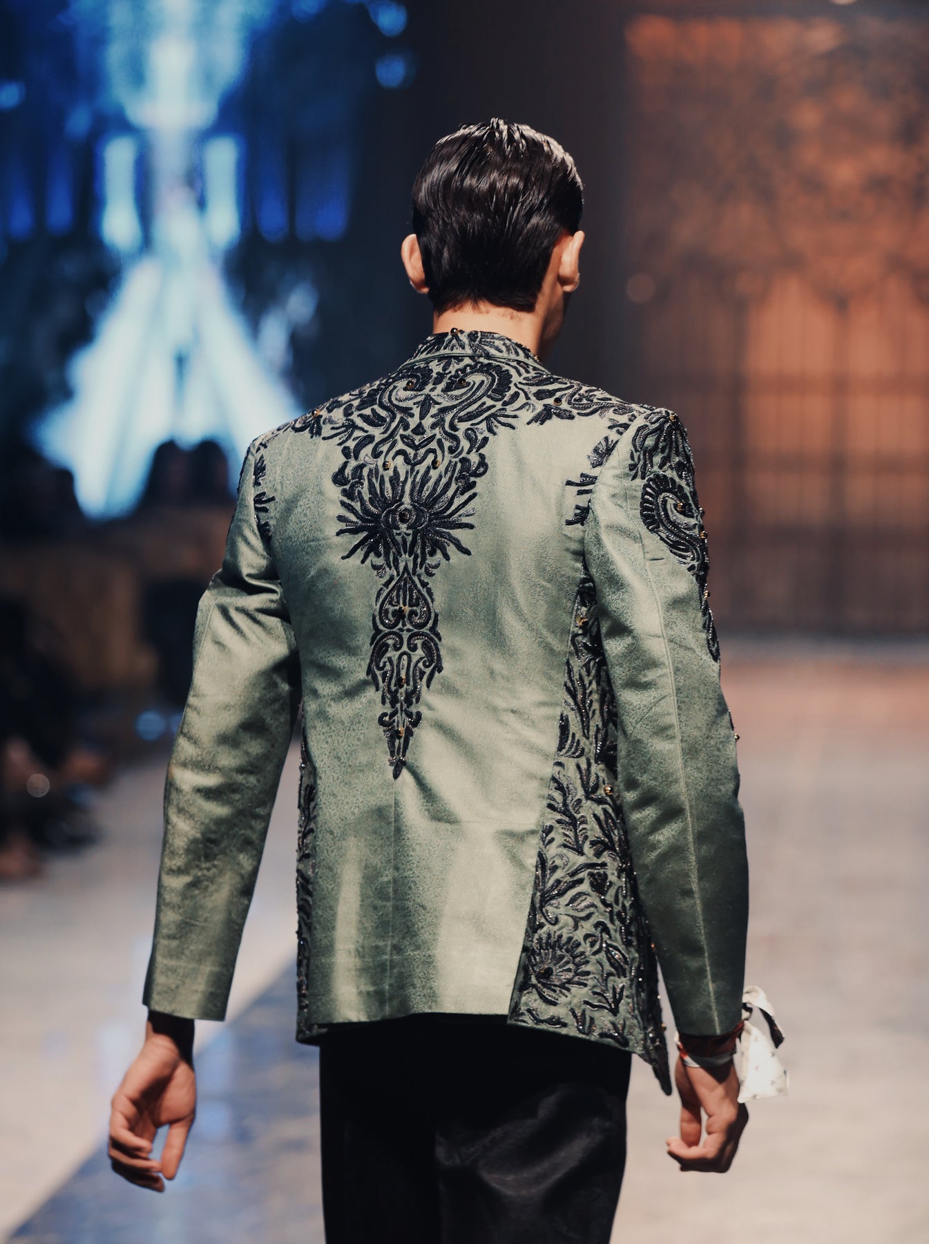 Silver Embroidered Jamawar Prince Coat (3-Piece) - Image 2