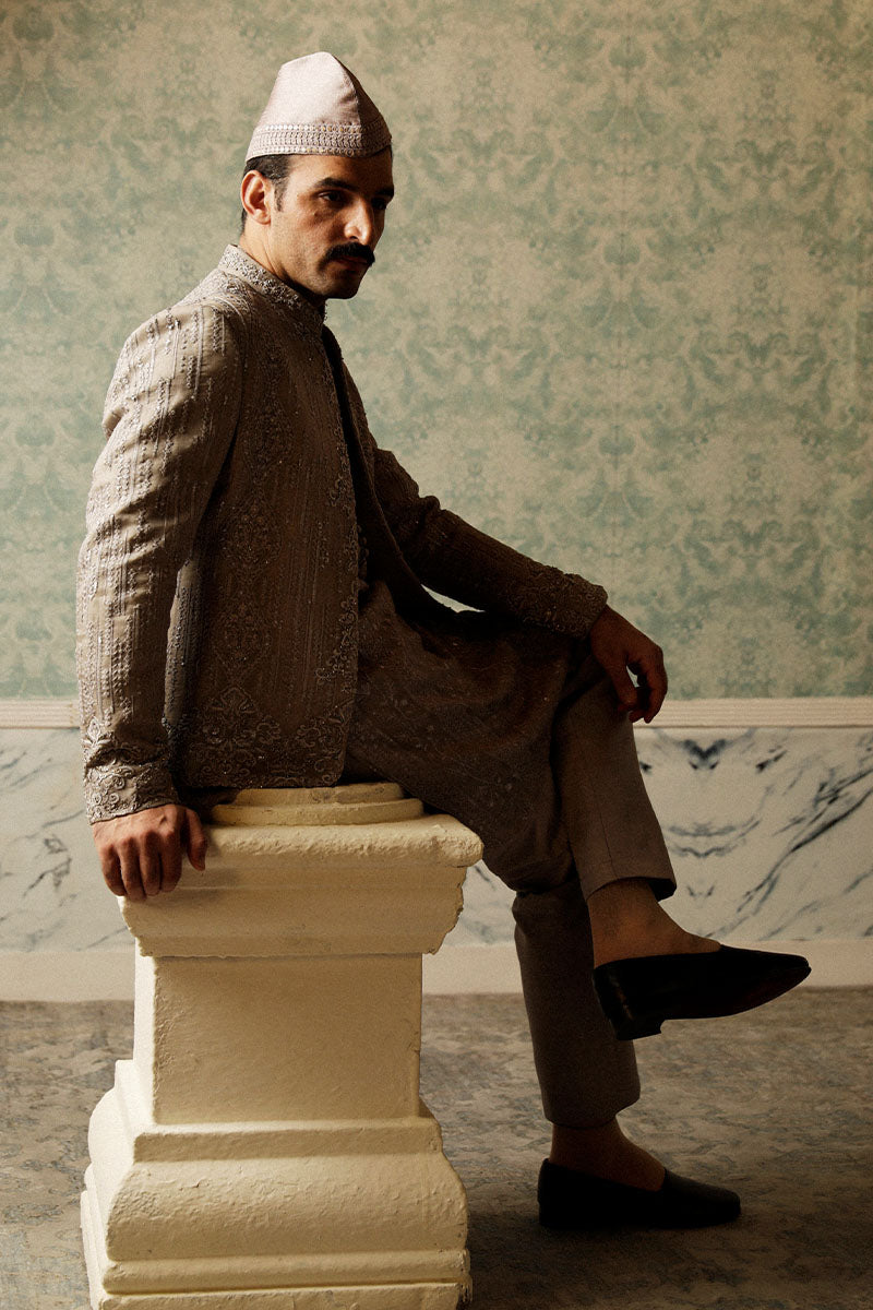 Silver Grey Embroidered Self-Jamawar Prince Coat (3-Piece) - Image 2