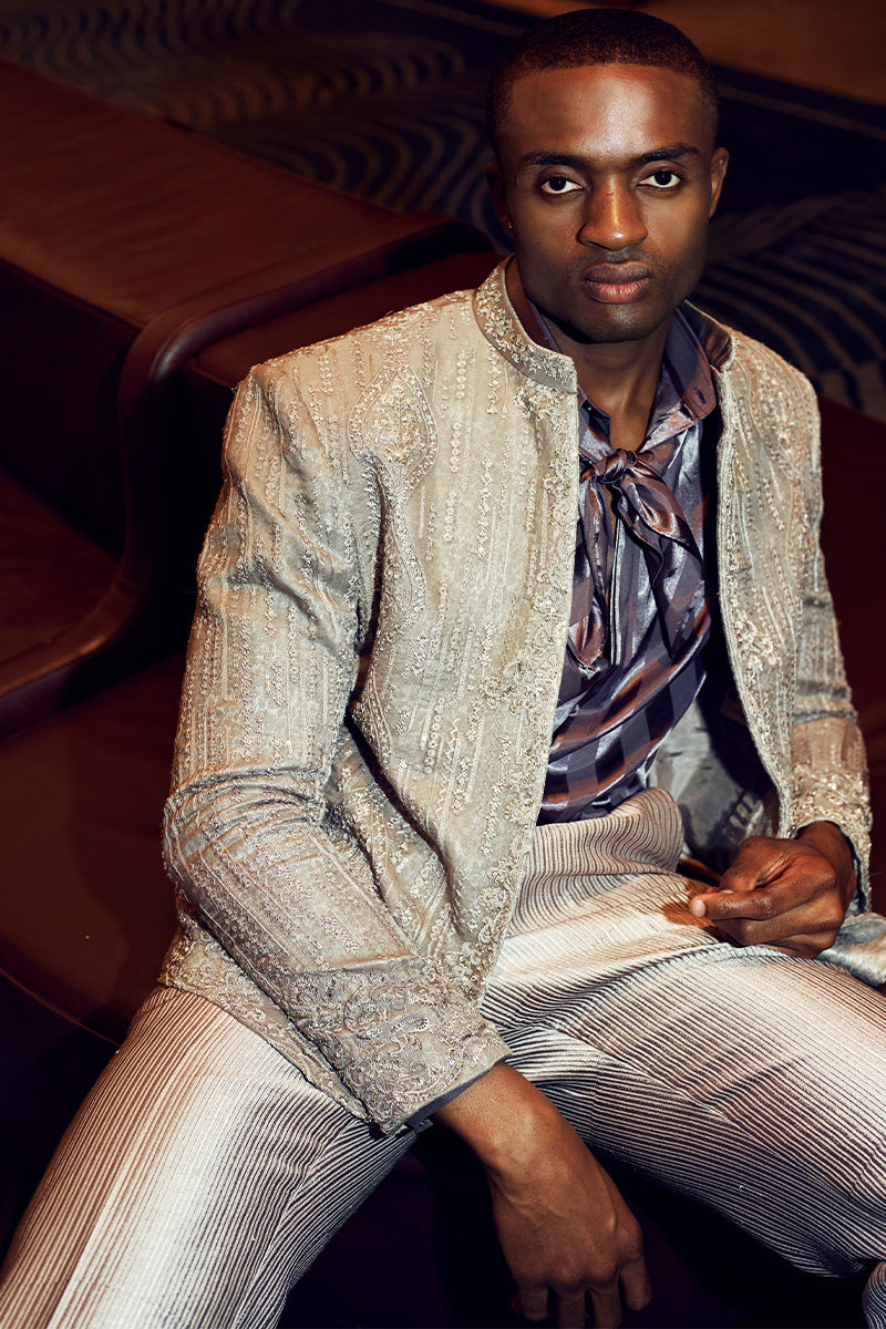 Silver Grey Embroidered Self-Jamawar Prince Coat (1-Pc) - Image 1