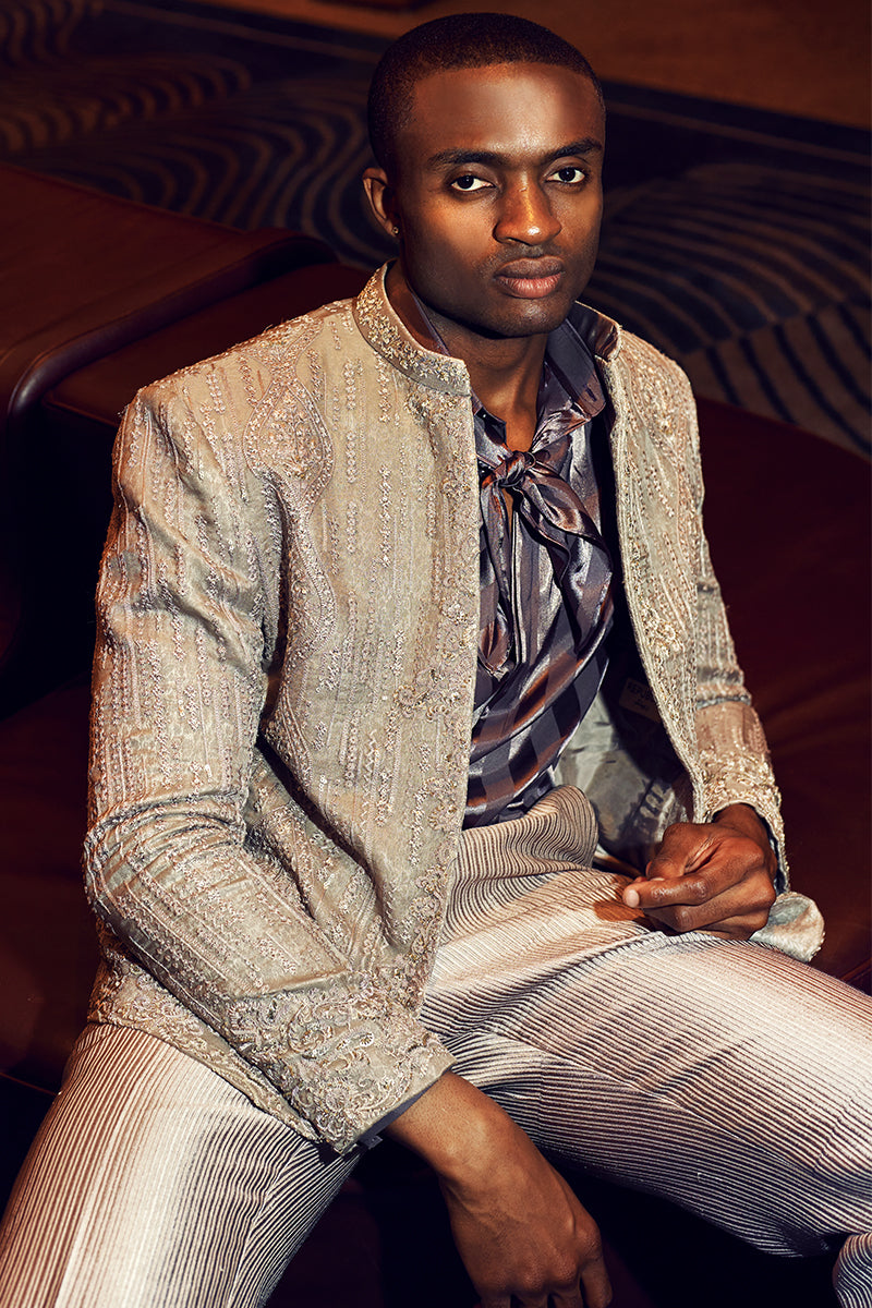 Silver Grey Embroidered Self-Jamawar Prince Coat (1-Pc) - Image 2