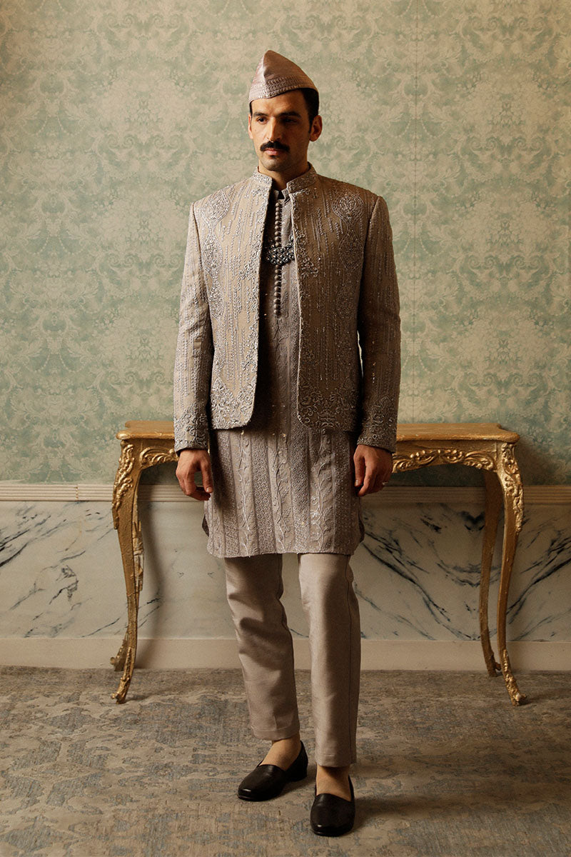 Silver Grey Embroidered Self-Jamawar Prince Coat (3-Piece) - Image 1