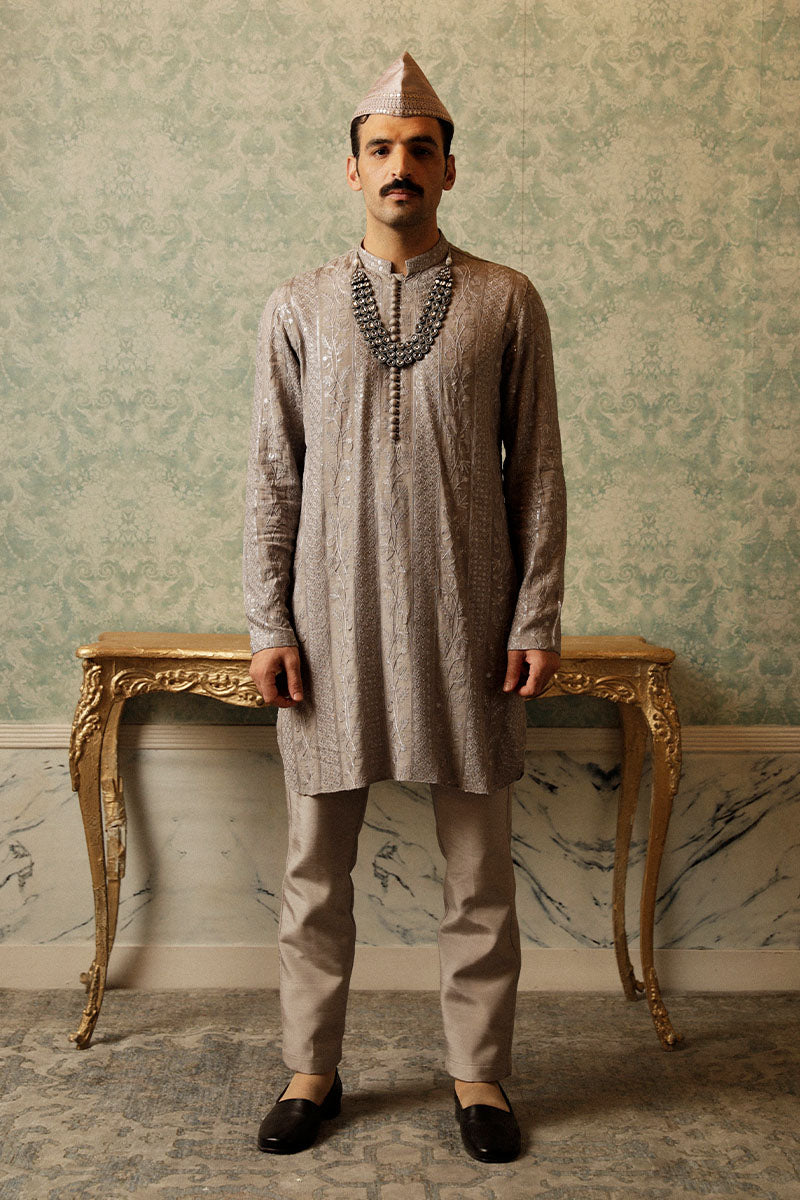 Silver Grey Embroidered Self-Jamawar Prince Coat (3-Piece) - Image 4