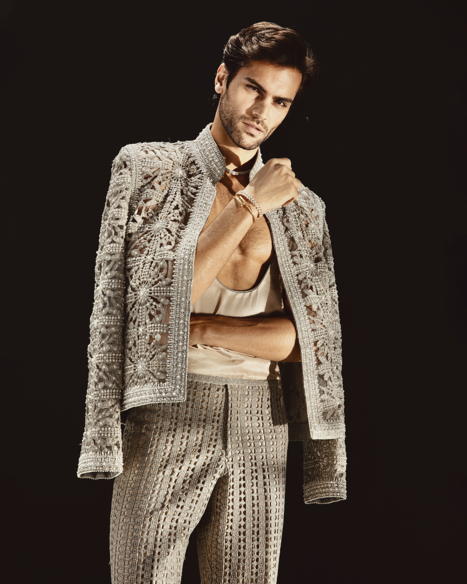 Silver Geometric Embroidered Metallic Prince Coat (2-Piece) - Image 1