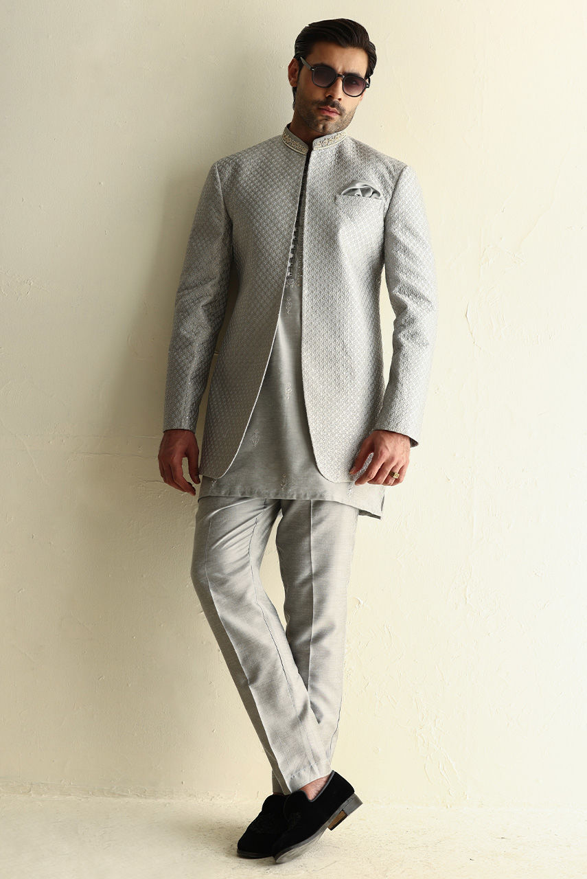 Silver Embroidered Raw Silk Prince Coat (3-Piece) - Image 1