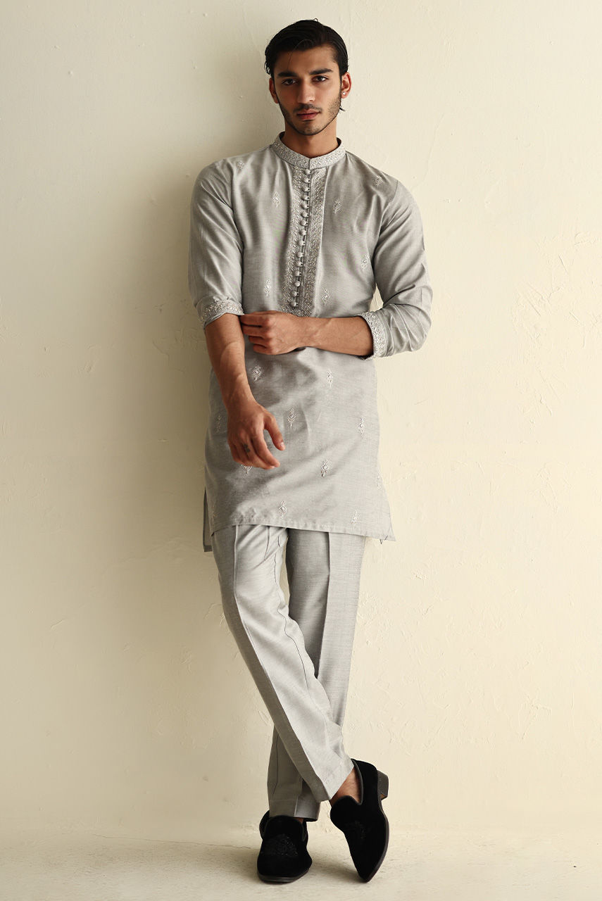 Silver Embroidered Raw Silk Prince Coat (3-Piece) - Image 3