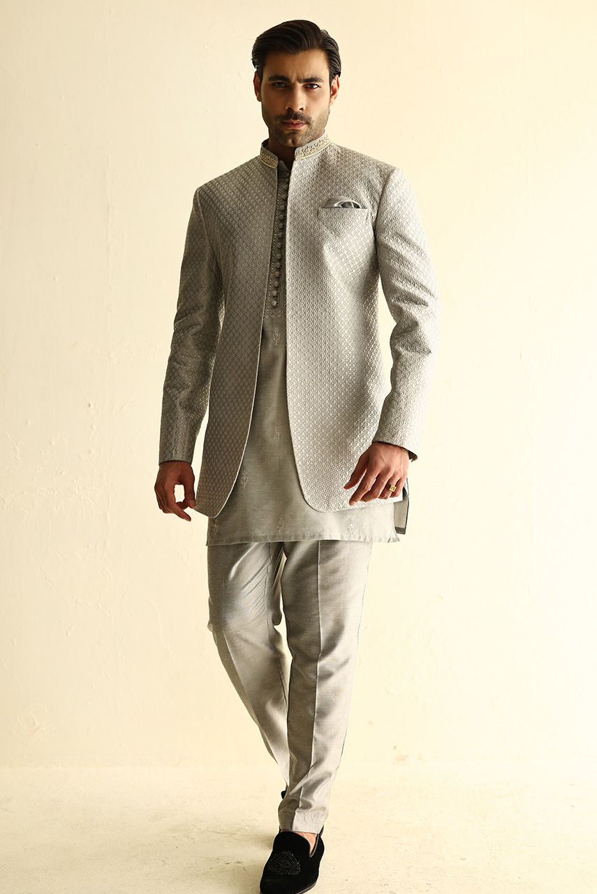 Silver Embroidered Raw Silk Prince Coat (3-Piece) - Image 5