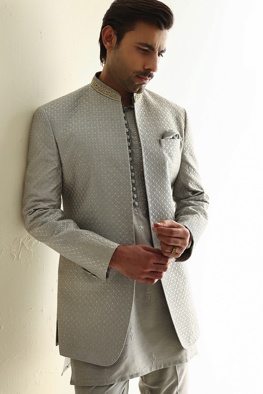 Silver Embroidered Raw Silk Prince Coat (3-Piece) - Image 6