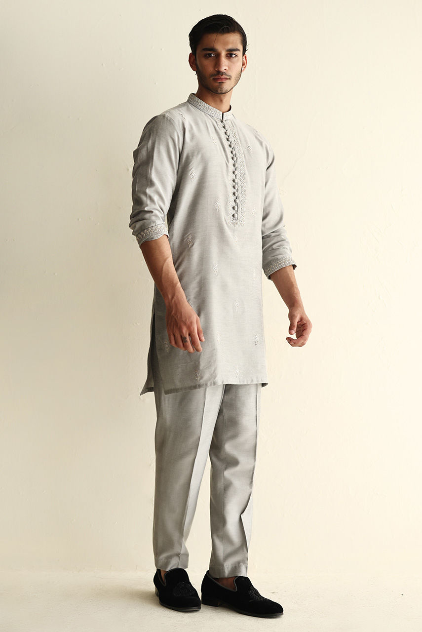 Silver Embroidered Raw Silk Prince Coat (3-Piece) - Image 7
