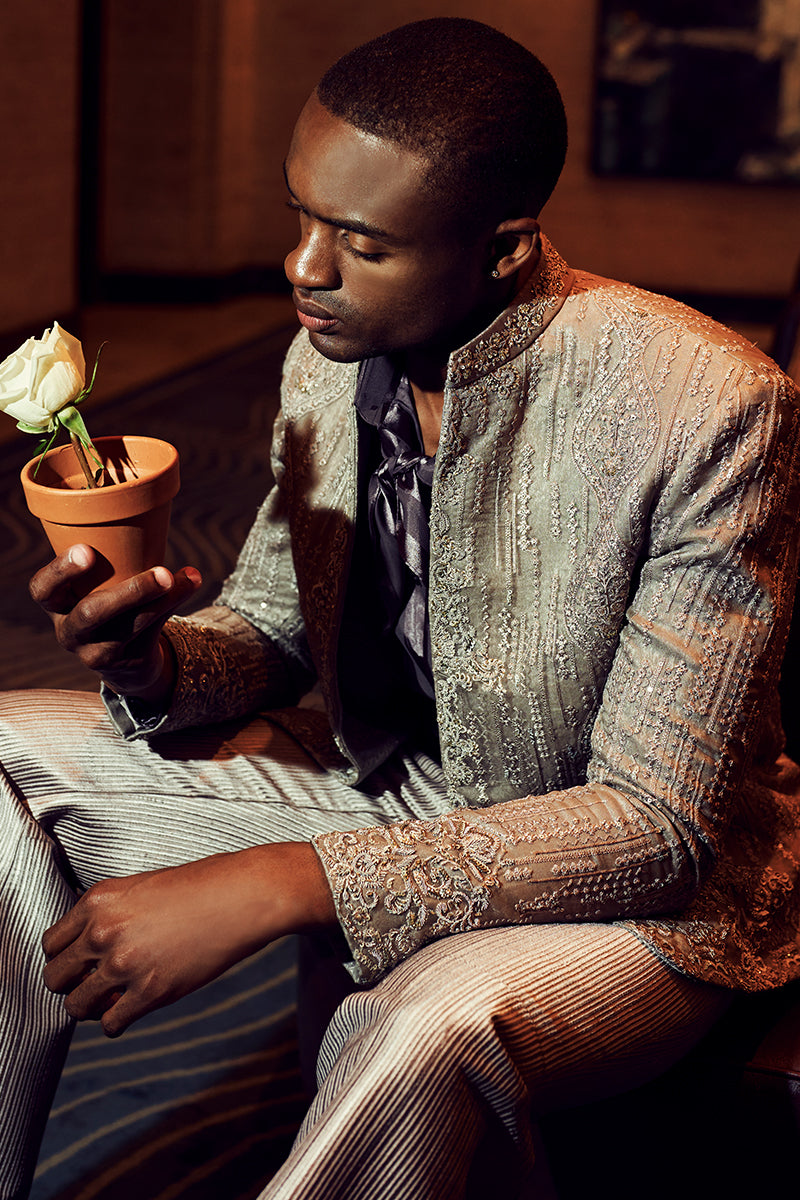 Silver Grey Tilla Adda Self-Jamawar Prince Coat (2-Piece) - Image 4