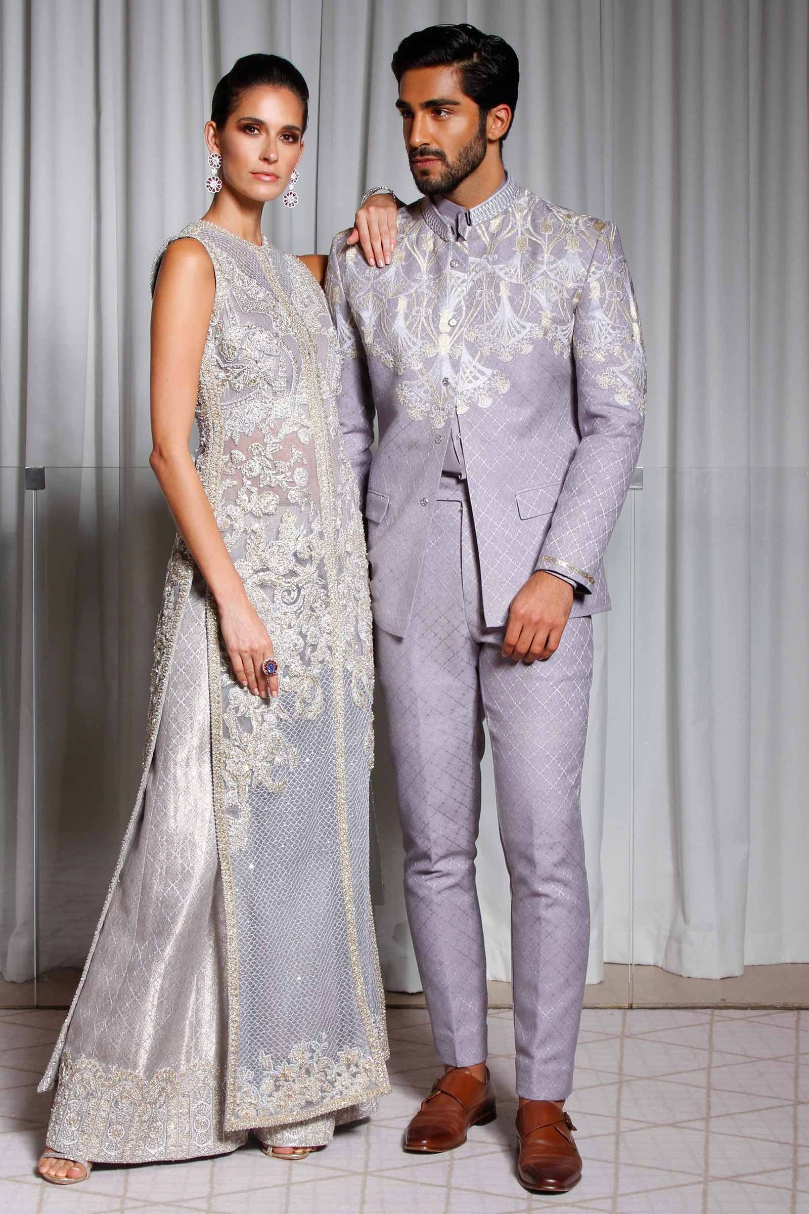 Silver Grey Embroidered Woven Prince Coat (2-Piece) - Image 1