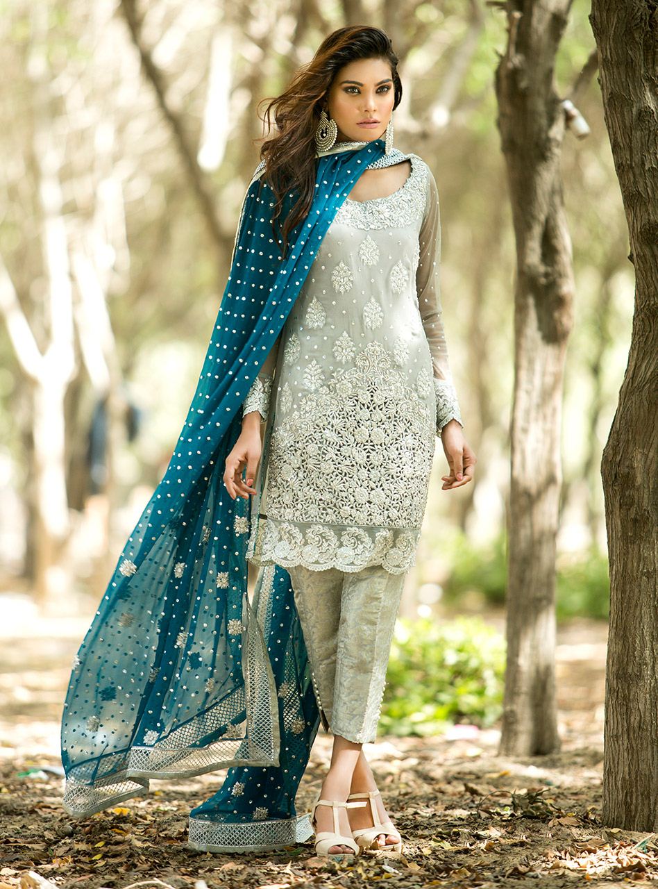 Silver Embroidered Chiffon Salwar Kameez (3-Piece) - Image 1
