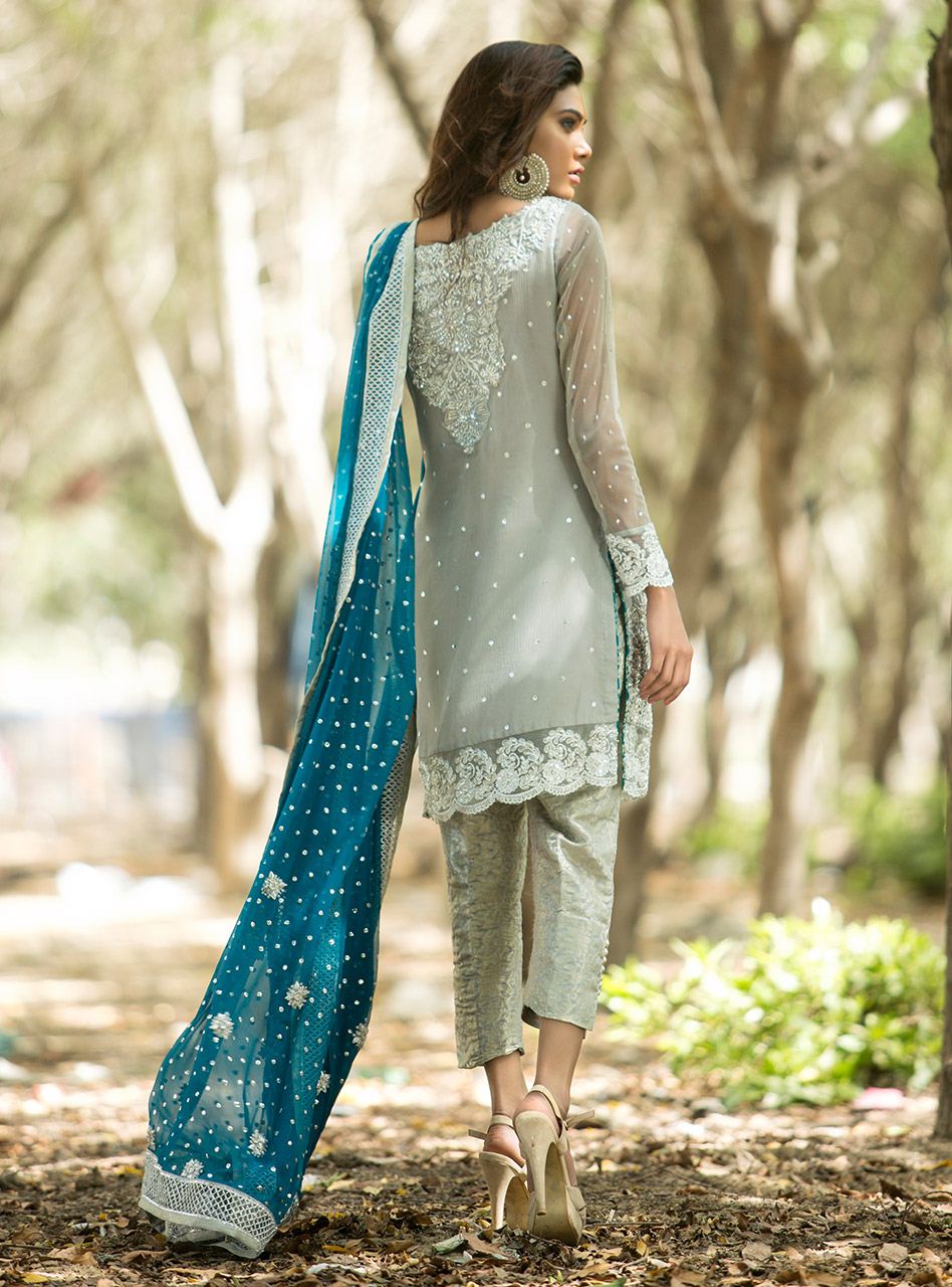Silver Embroidered Chiffon Salwar Kameez (3-Piece) - Image 3