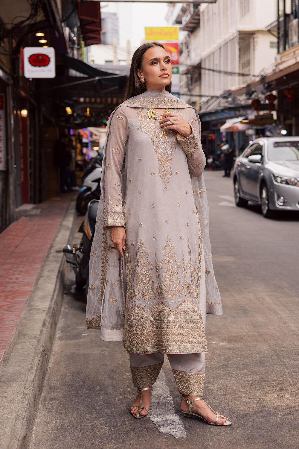 Silver Embroidered Chiffon & Organza 3-Piece Suit - Image 1
