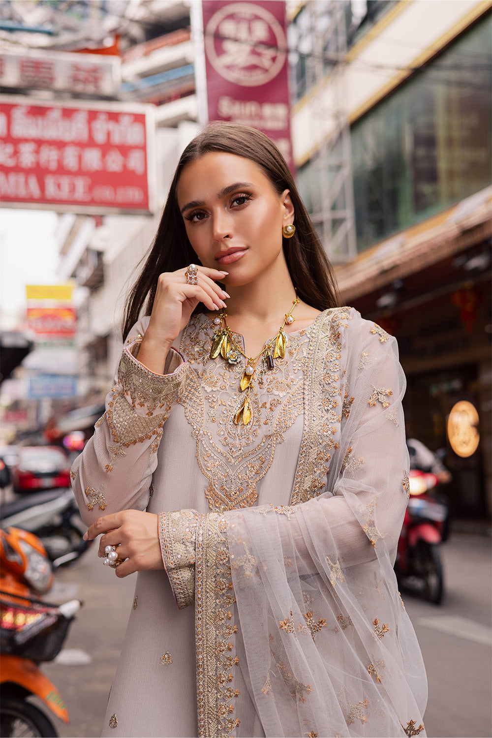 Silver Embroidered Chiffon & Organza 3-Piece Suit - Image 2