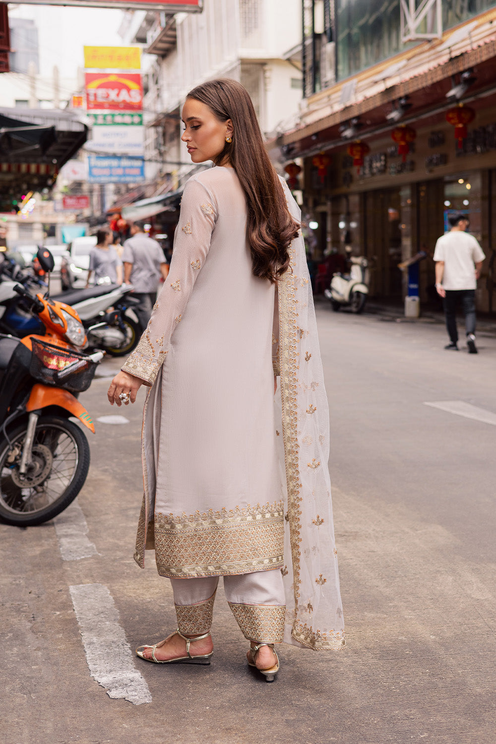 Silver Embroidered Chiffon & Organza 3-Piece Suit - Image 3