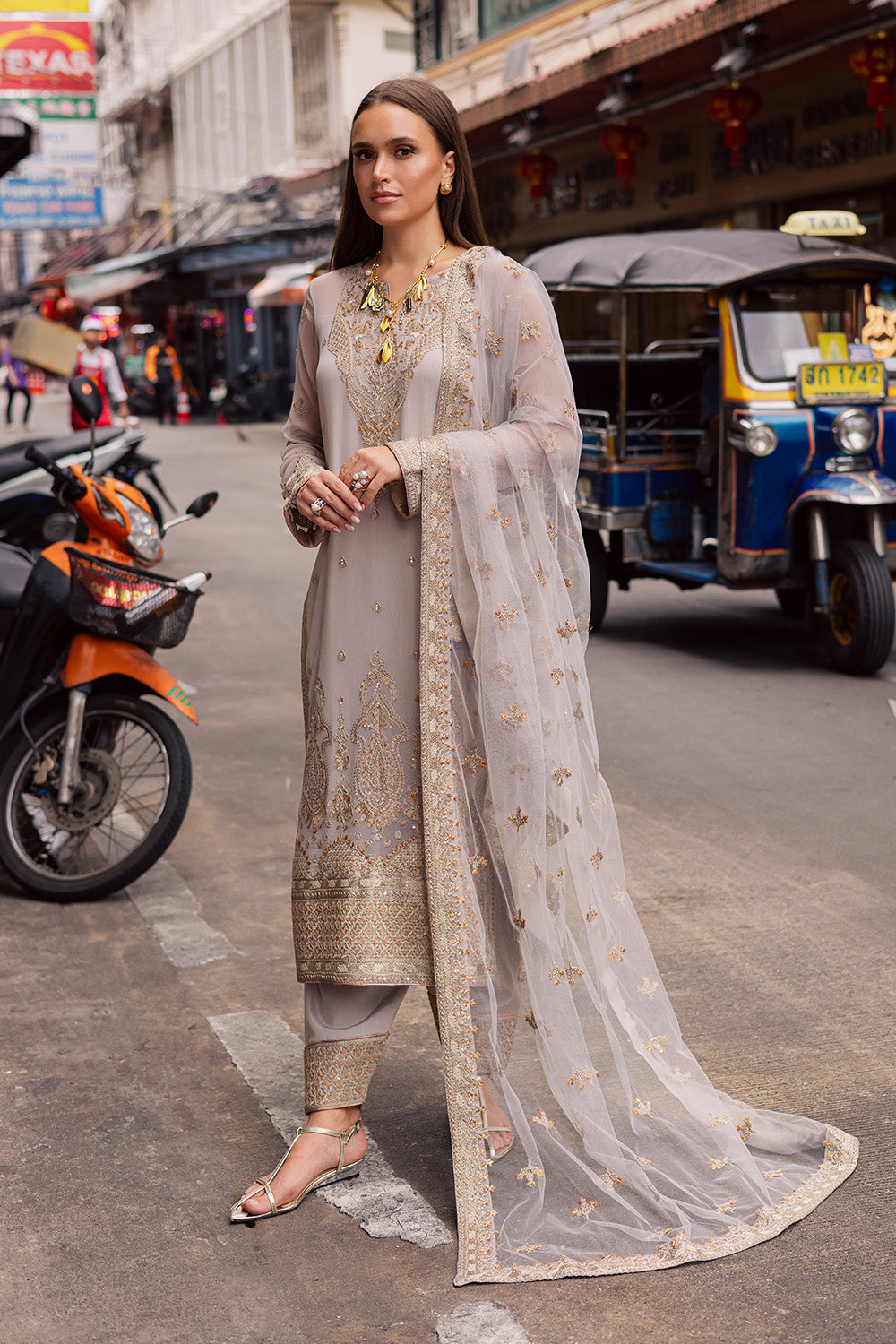 Silver Embroidered Chiffon & Organza 3-Piece Suit - Image 4