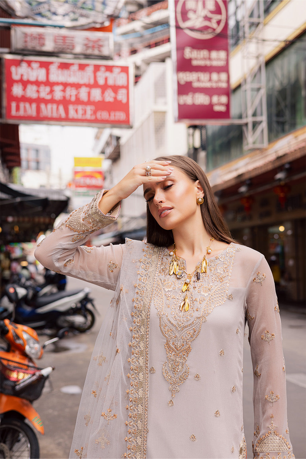 Silver Embroidered Chiffon & Organza 3-Piece Suit - Image 5