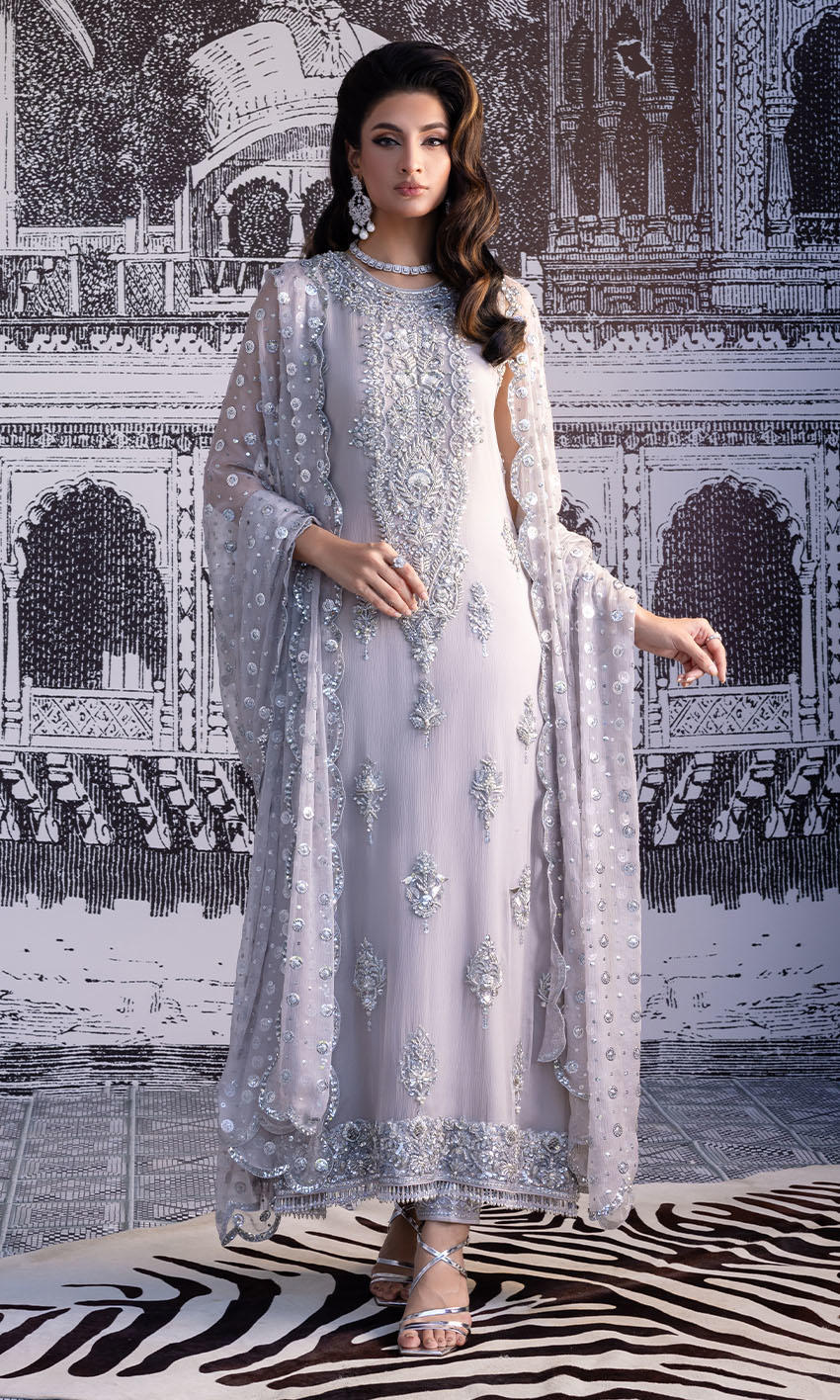 Pakistani Grey Silver Embroidered Chiffon Georgette Salwar Kameez (3-Piece) - Image 1