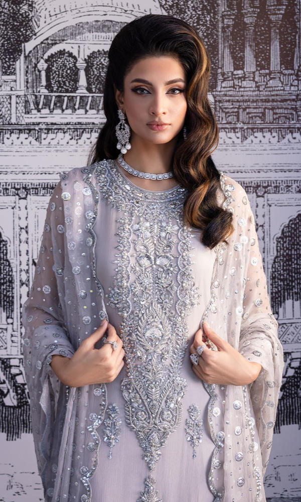 Pakistani Grey Silver Embroidered Chiffon Georgette Salwar Kameez (3-Piece) - Image 3
