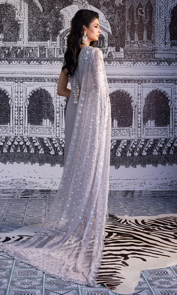 Pakistani Grey Silver Embroidered Chiffon Georgette Salwar Kameez (3-Piece) - Image 4