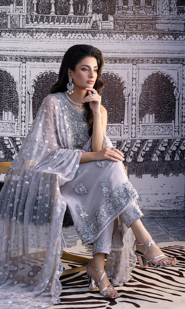 Pakistani Grey Silver Embroidered Chiffon Georgette Salwar Kameez (3-Piece) - Image 5