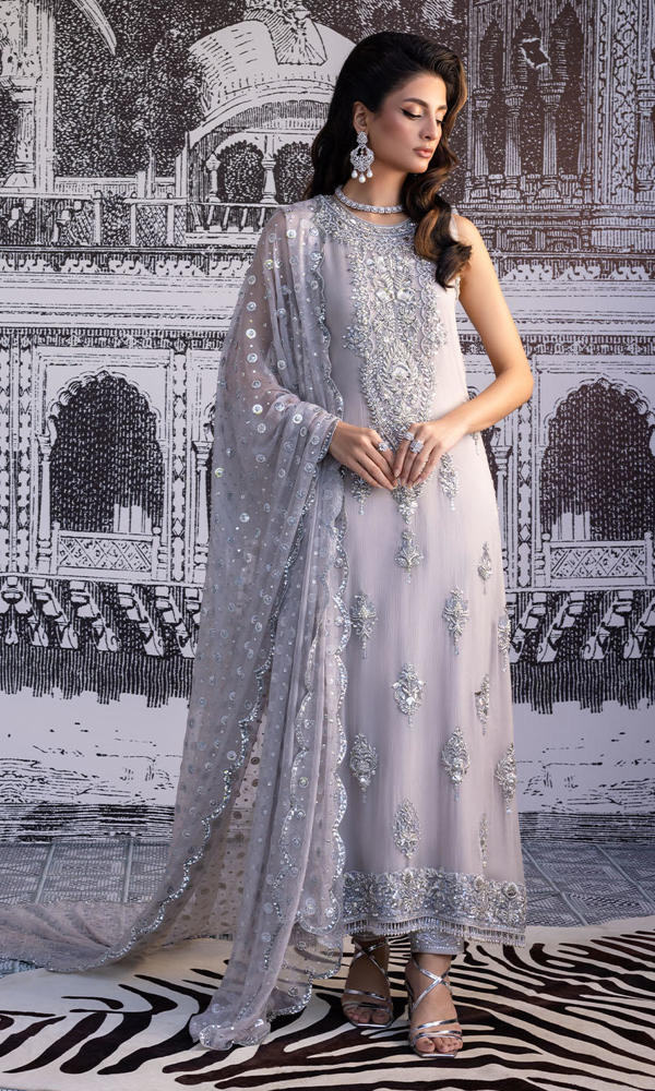 Pakistani Grey Silver Embroidered Chiffon Georgette Salwar Kameez (3-Piece) - Image 6