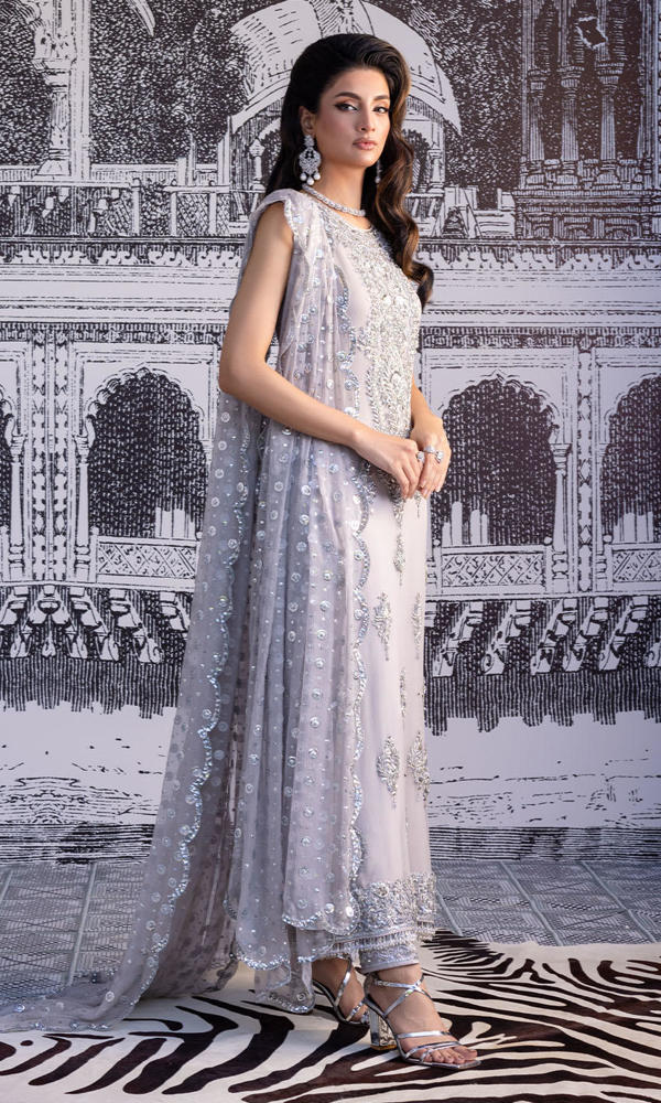Pakistani Grey Silver Embroidered Chiffon Georgette Salwar Kameez (3-Piece) - Image 7