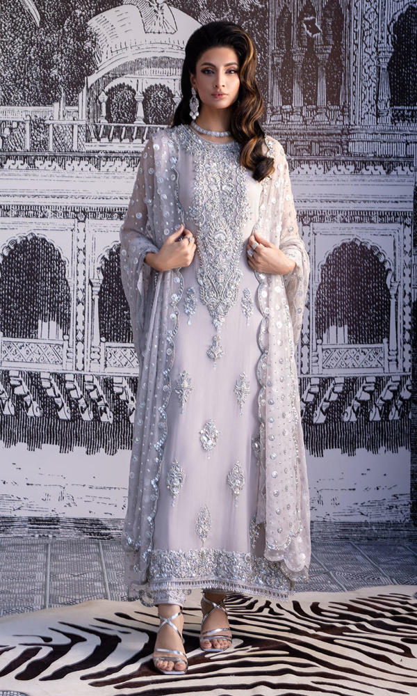 Pakistani Grey Silver Embroidered Chiffon Georgette Salwar Kameez (3-Piece) - Image 8
