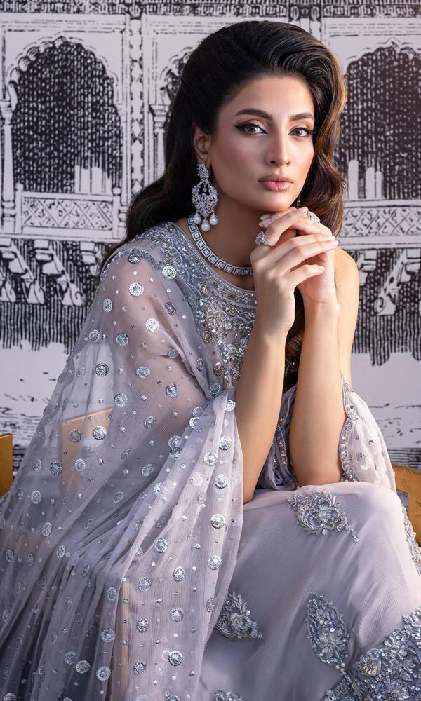 Pakistani Grey Silver Embroidered Chiffon Georgette Salwar Kameez (3-Piece) - Image 9
