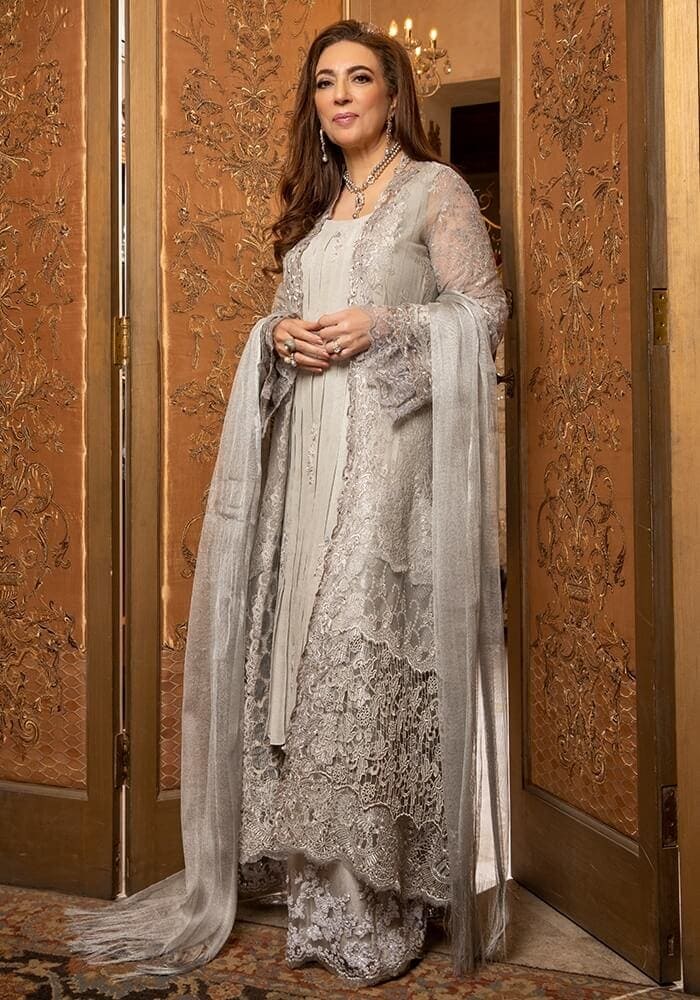 Silver Lace Embroidered Silk Salwar Kameez (3-Piece) - Image 1