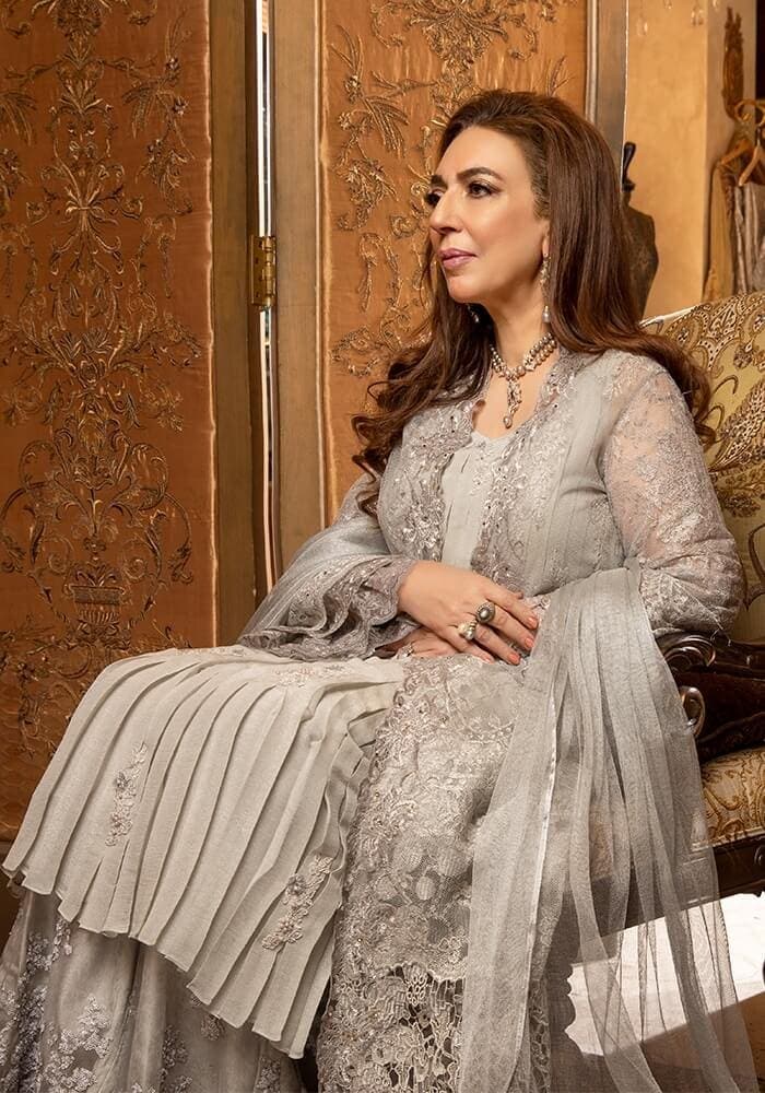 Silver Lace Embroidered Silk Salwar Kameez (3-Piece) - Image 2