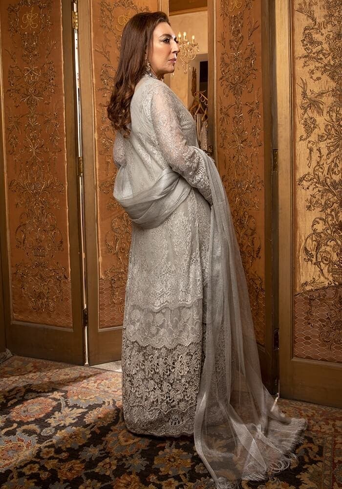 Silver Lace Embroidered Silk Salwar Kameez (3-Piece) - Image 3