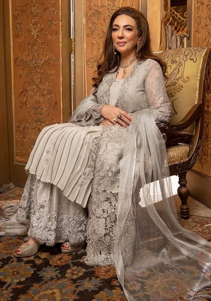 Silver Lace Embroidered Silk Salwar Kameez (3-Piece) - Image 4